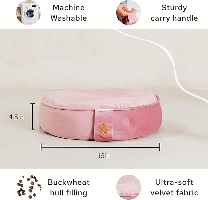 Mindful Modern Velvet Meditation Cushion | Luxe Zafu Yoga Floor Pillow Seat | Posture Support | Buckwheat Hull Filled | Large Round Cushion with Removable Washable Cover + Carry Handle