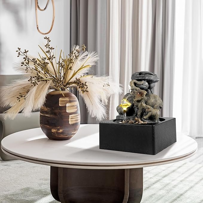 BEAMNOVA Tabletop Fountain,3 Tiered Elephant & Baby Elephant Indoor Fountains,with LED Light Water Feature for Home Office Décor