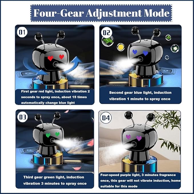 Robot Intelligent Aromatherapy Machine, Smart Cute Robot Car Air Freshener - Fine Spray/Fillable/Four-Gear Adjustment/Vibration Sensing/On-Off/Large Capacity Long-Lasting Fragrance/Black-V2(Cologne) - Bloomnest