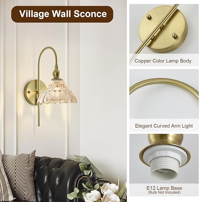 Vintage Wall Sconces with Amber Flower Glass Lampshade, Indoor Bath-Room Wall Sconce, Modern Gold Industrial Lighting Fixture for Mirror Living Room Hallway 1 Pack - Bloomnest