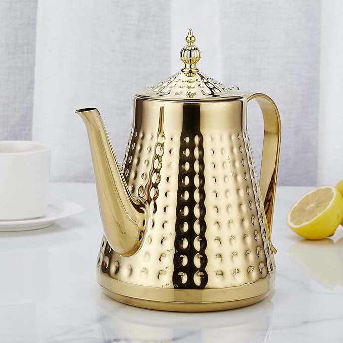 SANQIAHOME 1.6L(54oz) Stainless Steel Hammer Patterned Teapot With Removeable Infuser,Loose leaf cover,Gold - Bloomnest