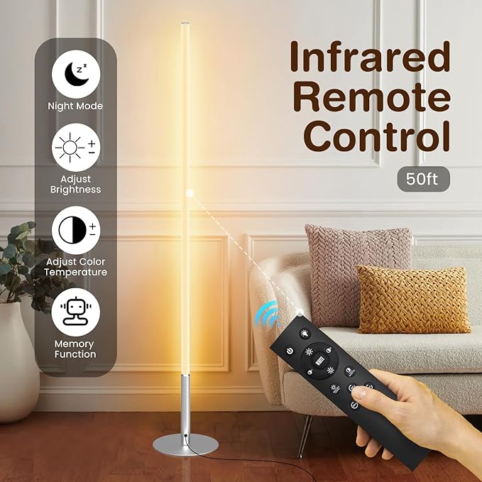 LED Corner Floor Lamp for Living Room, Minimalist Light with Remote Control, Stepless Adjustable 2700k-6500k Colors & Brightness, Modern Reading Bright Light, 58" Standing Lamp for Bedroom Home Office - Bloomnest