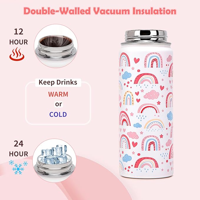 18oz Kids Insulated Water Bottle with Straw Lid - 18/8 Stainless Steel Kid Cup BPA-FREE Travel Tumbler Double Wall Vacuum Leak Proof Portable Toddler Water Bottle(Rainbow) - Bloomnest