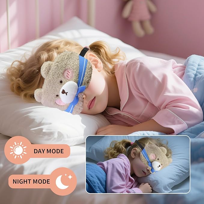 Cute Sleep Eye Masks for Kids, Kawaii Cartoon Kids Sleeping Mask for Women Boys Girls Teens, Soft Plush Adjustable Eyeshade Silk Travel Nap Eye Cover, Blue Bear - Bloomnest