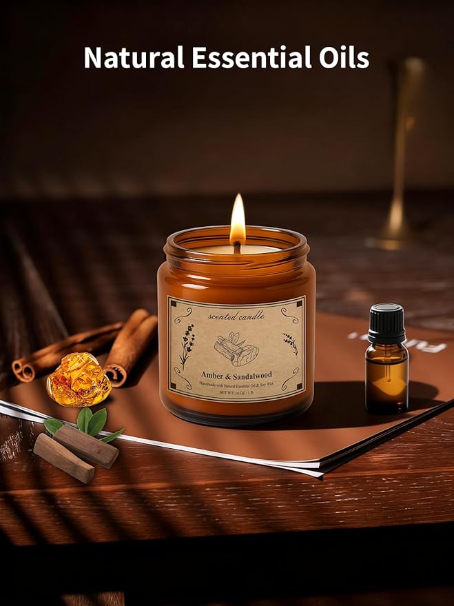 Scented Candles, 16oz Large Jar Soy Wax Candle – Amber & Sandalwood with Premium Plant Wax Blend for Consistent Burn, Aromatherapy Candle for Home Scented, Relaxation and Gift for Women/Men - Bloomnest