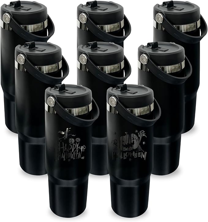 30 oz Tumbler with Handle, Double Wall Vacuum Insulated Tumblers with Flip Straw, Coffee Mug 30oz Powder Coated Cup for Hot and Cold Drinks(Black Plated, Black,8 pack)