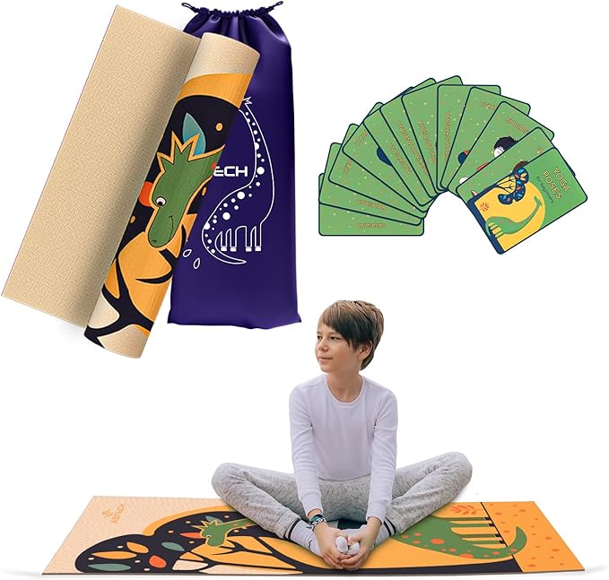 Kids Yoga Mat Set for Boys & Girls - Doll, Unicorn, Mermaid, Panda, Dinosaur and UnderWater - Chemical Free - Non-Toxic - Non-Slip - 60 X 24 X 0.2 Inches - w/ 12 Yoga Cards - Cute Carrier Bag - Ages 3-12 - Bloomnest