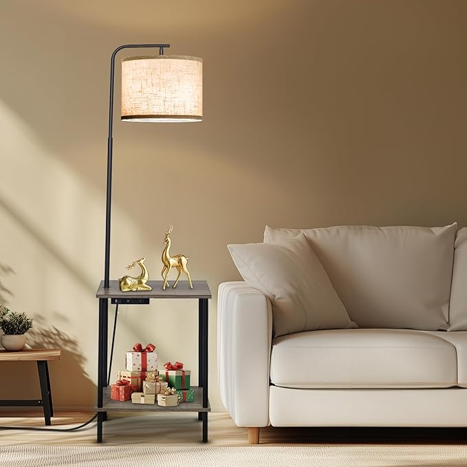 Floor Lamp with Table, End Table Lamp with USB Charging Port Power Outlet and Shelves, Side Table Reading Light with 3 Color Temperature Led Bulb Included, Floor Lamps for Living Room, Gray - Bloomnest