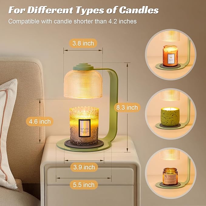 Candle Warmer Lamp with Clear Glass Globe and Timer & Dimmable Light - Jar Candle Melter Green Minimalist Metal Frame, Home Decor Gift Set (Includes 2 Bulbs) - Bloomnest