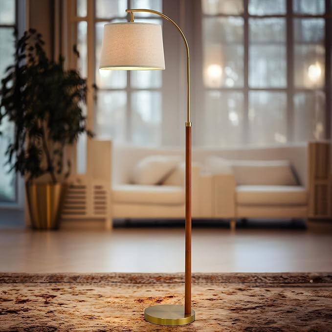 62.5" Wood Floor Lamp for Living Room Gold with Foot Switch Arc Standing Tall Lamps for Bedroom Mid Century Modern Corner Floor Lamps for Office Nursery Industrial Reading Light Room Lamp - Bloomnest