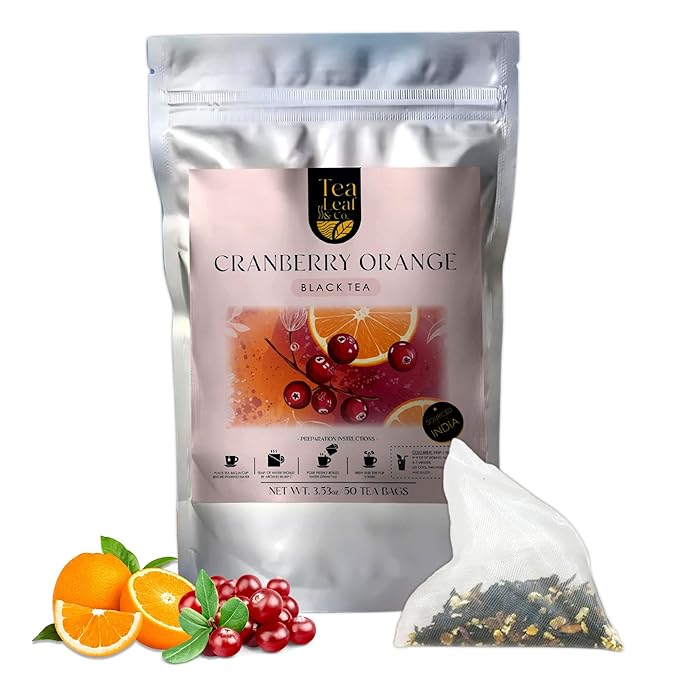 Tealeaf & Co. Cranberry Orange Black Tea Bags Blended with Fresh Herbs and Spices - Organic Black Tea Bags with Orange Peel, Star Anise & Hibiscus - Low Caffeine - Gluten Free - 50 Teabags - Bloomnest