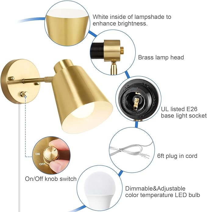 Plug in Wall Sconces with Remote Control, Adjustable Color Temperature 2700K-6000K and Dimmable Wall Sconces Gold Wall Lights with Plug in Cord for Bedroom Bedside Stairway(2 Pack, 2 Bulbs) - Bloomnest