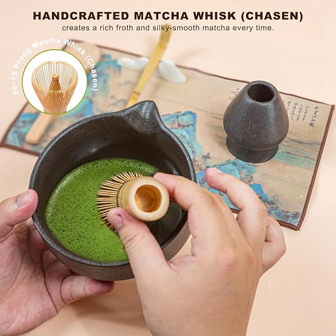 Matcha Set 7-Piece Tea Set with Brush, Bowl, Whisk, Strainer, Chasen, for Matcha Tea Ceremony (Black) - Bloomnest