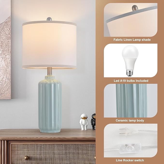 Lamp for Living Room Bedroom Lamps Farmhouse Table Lamps Set of 2 Vertical Stripe Ceramic Table Lamp,Linen Shade with Bulb, 25 in High,Light Blue - Bloomnest