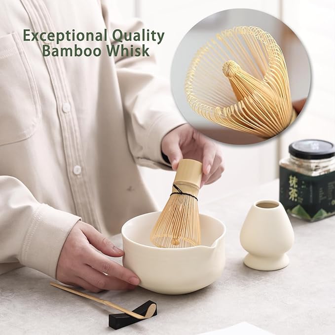 Matcha Set, Japanese Tea Set Includes Matcha Bowl with Spout, Matcha Whisk Holder (chasen), Bamboo Matcha Whisk and Bamboo Scoop, Ceramic Matcha Kit for Tea Lovers - Bloomnest