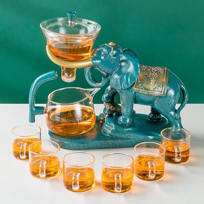 RORA Lazy Kungfu Glass Tea Set Semi Automatic Drip Rotating with Infuser Glass Teapot Set (Elephant Tea Set+6 cups) - Bloomnest