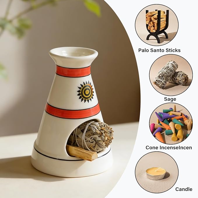 Handcrafted Sun Totem Ceramic palo santo sticks holder with - Tent-Shape Mini chiminea for Sage, Incense Cones & Smudging Rituals -Thoughtful Gifts for Yoga, Meditation, Ash, Zen, Aromatherapy MOUGIGI