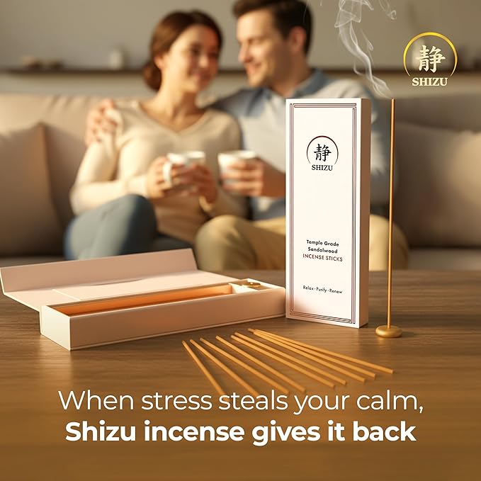 Shizu Sandalwood Incense Sticks – Temple Grade Japanese Incense with Brass Holder – Calming Scent for Relaxation, Meditation & Home Spa, Elegant Gift Set (60 Sticks) - Bloomnest