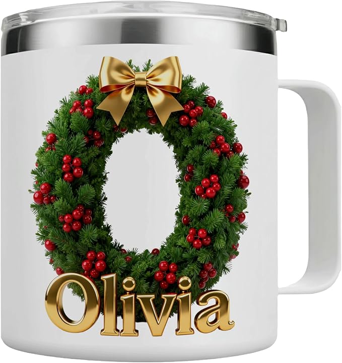 Personalized Christmas Insulated Coffee Mug with Handle – Custom Initial Letter [M] Double Wall Stainless Steel Travel Tumbler for Hot & Cold Drinks – Unique Holiday Gift for Men, Women, & Kids(B117) - Bloomnest