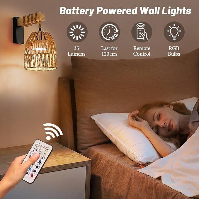 Battery Operated Wall Sconce Set of Two, Rattan Wall Sconces Battery Operated Set of 2, Boho Wall lights with Remote, Rechargeable Wall Sconce for Bedroom,Living Room, Entryway 15 Colors Dimmable - Bloomnest