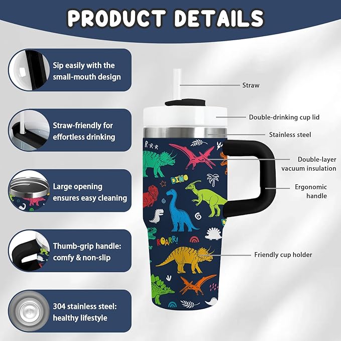 Dinosaur Tumbler Gifts, 14oz Dinosaur Themed Tumbler with Handle and Straw, Stainless Steel Double Wall Vacuum Insulated Cup Keep Hot Cold - 14oz Travel Mug with Lid Tumblers for Home Work Outdoor Use - Bloomnest