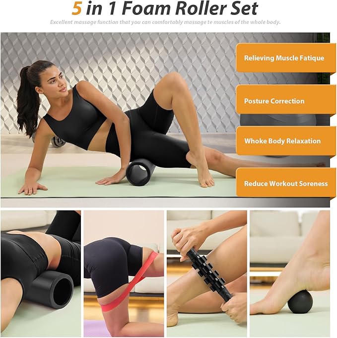 5 in 1 Foam Roller Set - Trigger Point Foam Back Roller, Muscle Roller Stick, Massage Ball, Stretching Band for Deep Muscle Massage Pilates Yoga,Fitness Exercise for Whole Body Release (Pure Black) - Bloomnest