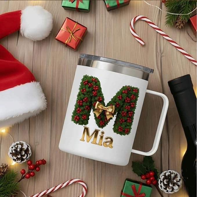 Personalized Christmas Insulated Coffee Mug with Handle – Custom Initial Letter [M] Double Wall Stainless Steel Travel Tumbler for Hot & Cold Drinks – Unique Holiday Gift for Men, Women, & Kids(B117) - Bloomnest