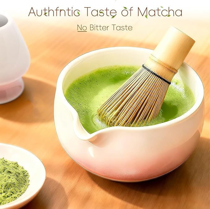 Matcha Whisk Set, Ceramic Matcha Set Includes Bowl & Holder, Bamboo Whisk (Chasen), Scoop, Spoon and Sifter, 6PCS Matcha Kit Covers Everything Needed for Making Matcha (Pink) - Bloomnest