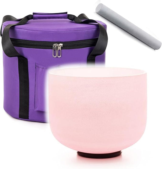 Singing Bowl 8 inch F Note Pink Color Heart Chakra Color Quartz Frosted Crystal Meditation Bowl Yoga Musical Instrument with Travel Bag Carrying Case Suede Mallet O-ring - Bloomnest
