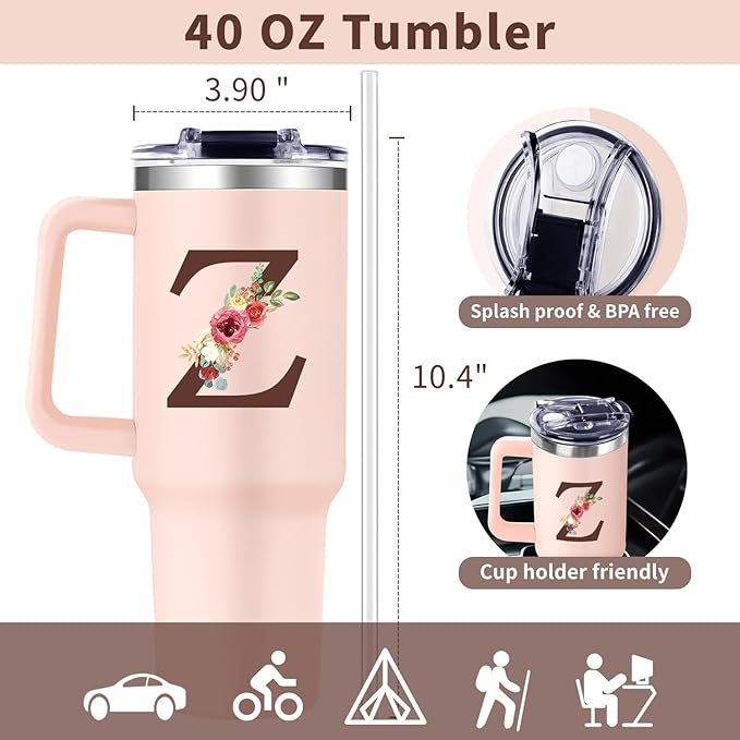 Monogrammed 40oz Tumbler with Handle for Women, Personalized Birthday Gifts for Women,Initial Cups for Woman Floral Letter Z,Customized Gifts for Female Lady Gift for Mothers Day Christmas - Bloomnest