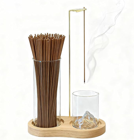 2-in-1 Glass Incense Holder for Sticks, Wooden Incense Burner with Ash Catcher & Incense Storage, Anti-Ash Flying Incense Stick Holder for Meditation, Yoga, Spa, and Home Decor(Natural Wood) - Bloomnest