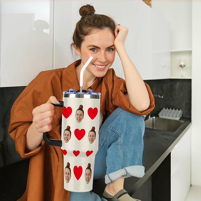 Personalized Tumbler with Photo Face for Women, Custom 40oz Funny Tumblers with Handle and Straw Lid for Couples, Insulated Stainless Steel Travel Coffee Mug, Birthday Valentines Christmas Gag Gifts - Bloomnest