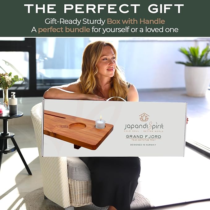 Grand Fjord | Teak Bathtub Tray for Large Soaking Tub | Extra Long 35” Luxury Bath Caddy for Freestanding Tubs | Minimalist Wooden Tub Tray with Candle Holders & Premium Towel by JapandiSpirit - Bloomnest
