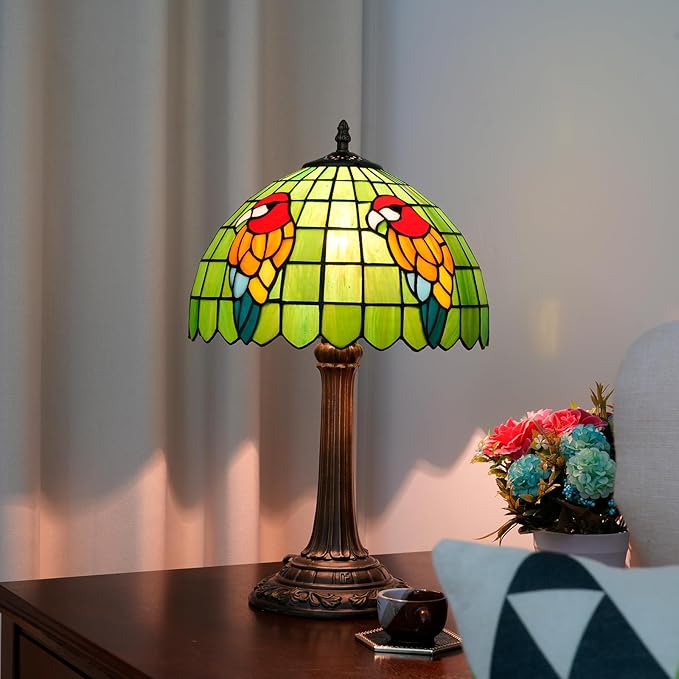 Tiffany Lamp Parrot Green Bedroom Table Lamp Stained Glass Reading Bedside Light for Home Living Room Office Dormitory Dining Room Decorate 12X12X18 inch Desk Light Include LED Bulb - Bloomnest