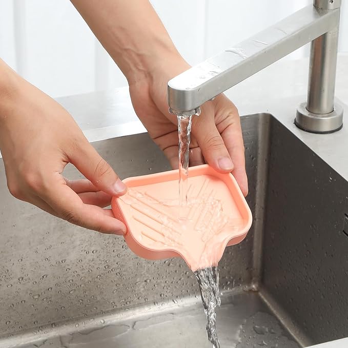 Silicone Bathroom Soap Dishes with Drain Spout-Bathroom and Kitchen Sink Organizer,Sponge Holder,Dish Soap Tray,Perfect for Dispenser,Scrubber,Bottle,Cup on Sink or Counter-Pink 4.9"×3.2" - Bloomnest