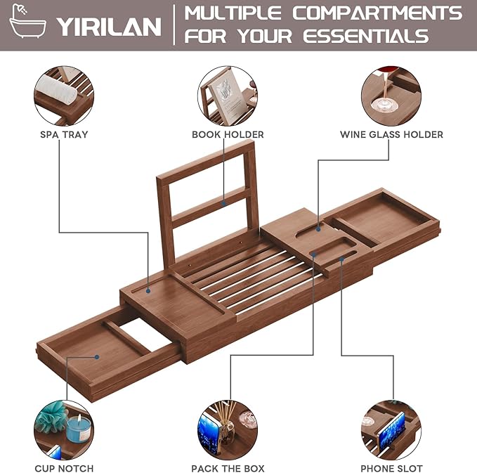 Yirilan Bamboo Bathtub Tray, Expandable Bathroom Tray,Browm - Bloomnest