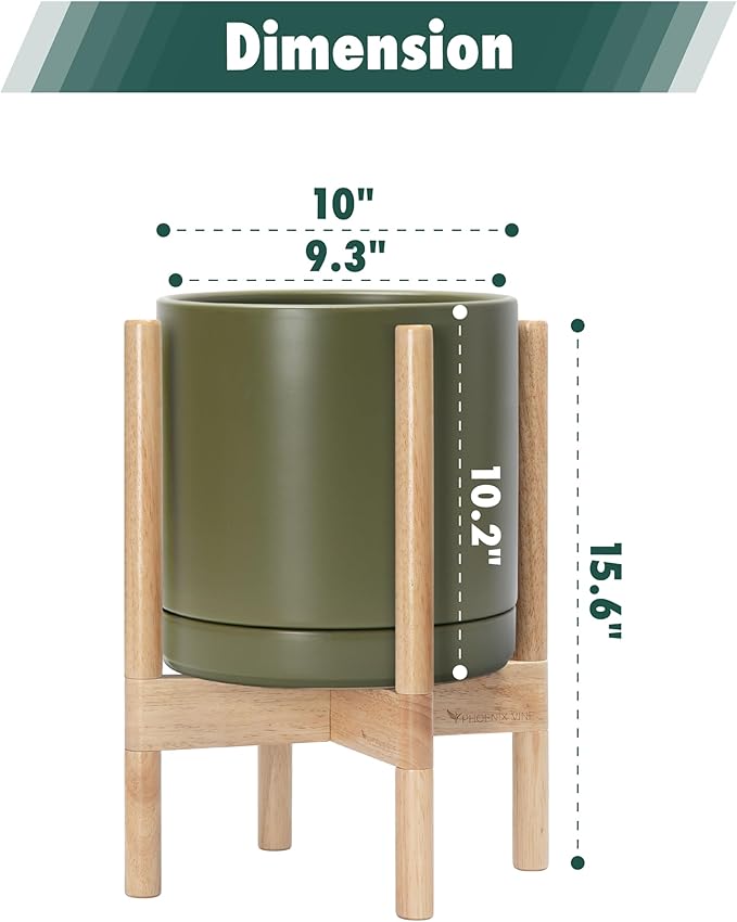 D'vine Dev Ceramic Planter with Natural Stand - 10 Inch Modern Round Flower Pot with Wood Planter Holder, Olive, 55-B-K-J - Bloomnest