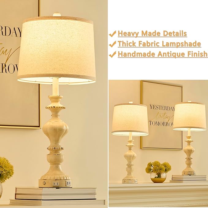 27.5" Farmhouse Table Lamps Set of 2 Bedside Nightstand Lamp with USB C+A Ports & AC Outlet, 3 Way Dimmable Touch Lamps for Bedroom Living Room Office Hallway Rustic Traditional Lamp - Bloomnest