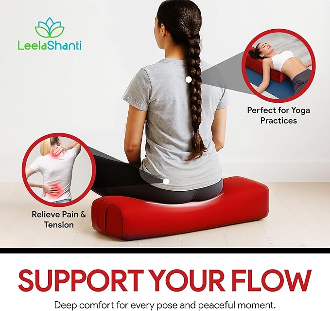 Rectangular Yoga Bolster Pillow for Meditation, Yoga & Back Support – Soft Meditation Cushion with Removable Hand Wash Cotton Cover & Carry Handle (Red) - Bloomnest