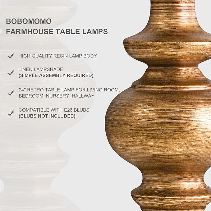 BOBOMOMO 24" Traditional Lamps Set of 2 – Antique Gold Bedside Lamps with Linen Shades, Elegant Medium Farmhouse Lamps for Living Room, Bedroom, and Hallway, Ideal for Warm, Cozy Spaces - Bloomnest