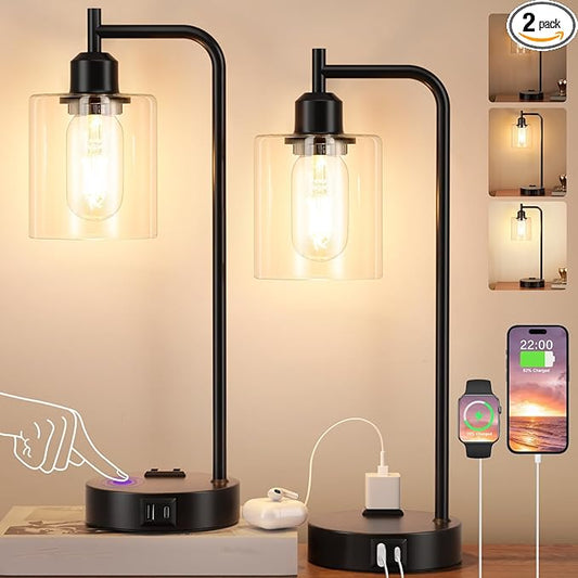 Industrial Touch Table Lamps for Bedrooms Set of 2 - 3-Way Dimmable Nightstand Lamps with USB C+A Ports and Outlet, Black Bedside Lamps with Glass Shade for Living Room, Desk Lamps for Home Office - Bloomnest
