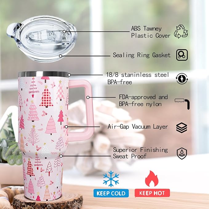 Ceovfoi 40 Oz Pink Christmas Tree Tumbler With Handle,Christmas Tree Coffee Travel Mug Cup,Christmas Decor,Christmas Gifts for Women - Bloomnest