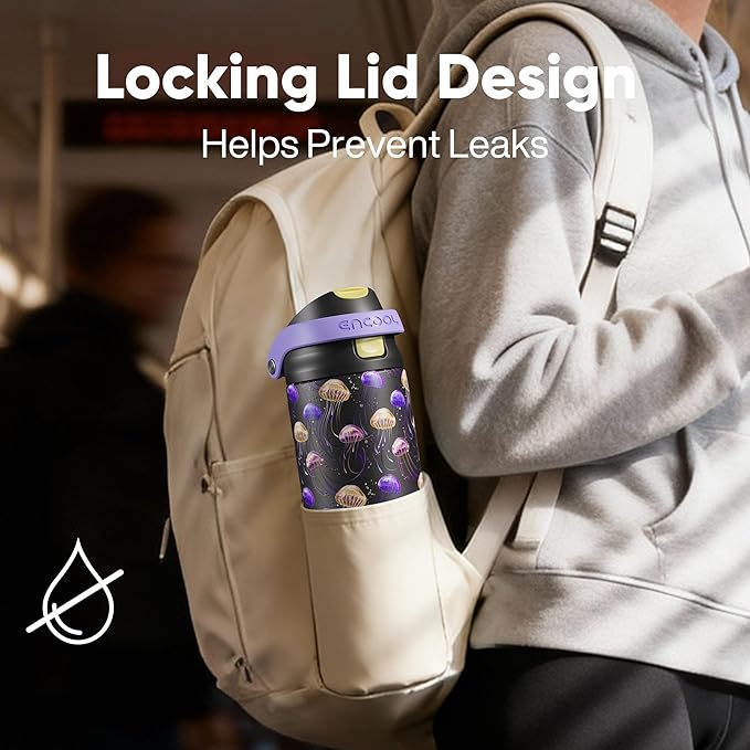 ENCOOL Leakproof Insulated Water Bottle with Straw Dual-Sip Water Bottle Bag-Safe Design for Work, Commute & Gym – Keeps Drinks Cold All Day, 24 oz, Neon Jellyfish ENCOOL