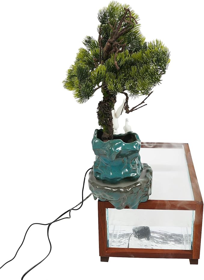 Antique-Style Tabletop Water Fountain with Fish Tank & Atomizer - Desktop Decor with Crane Statues, Simulated Pine, LED Light & Feng Shui Symbolism for Indoor Home/Office Decoration - Bloomnest