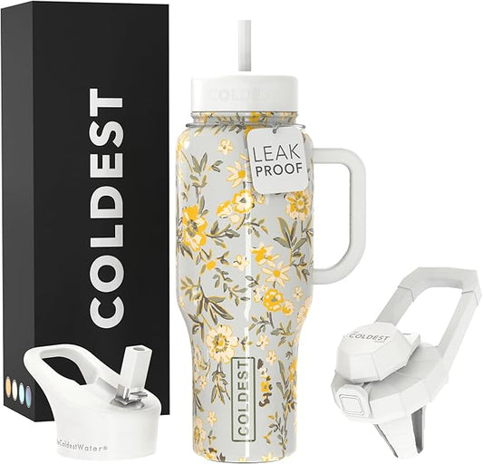 Coldest Tumbler with Handle and Straw - 100% Leak Proof Insulated Tumbler with Lid and Straw (3 Lids) - Stainless Steel Tumblers for Women & Men - Cup Holder Friendly Base, 36 oz (Summer Dress) - Bloomnest