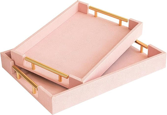 Modern Elegant Pink Faux Shagreen Leather Tray, Set of 2 Rectangle Serving Trays with Gold Polished Metal Handles, Ottoman Tray Coffee Table Perfume Kitchen Trays Home Decor - Bloomnest