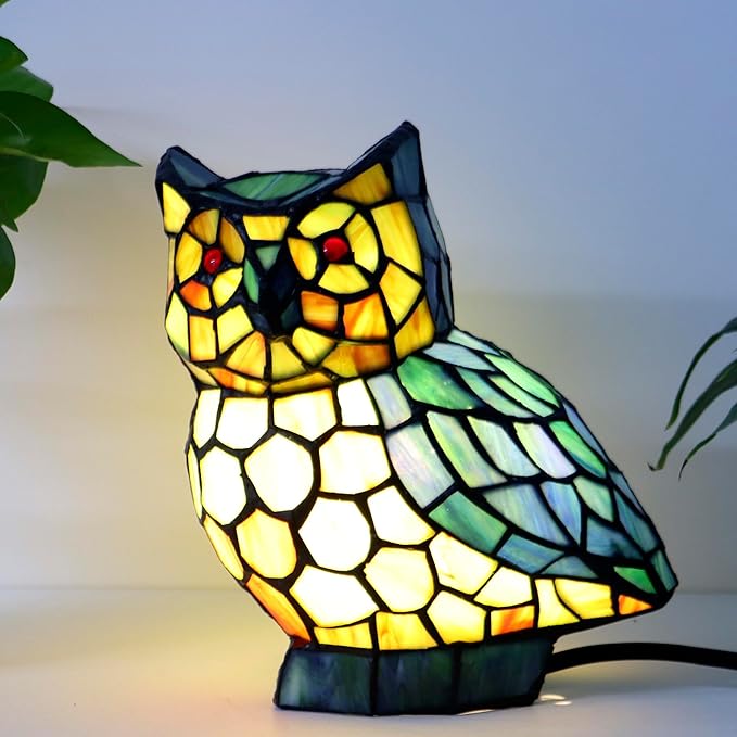 Tiffany Owl Lamp Blue and Green Stained Glass Animal Table Lamp Accent Lamp - Bloomnest