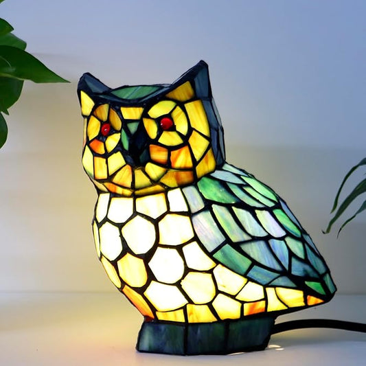 Tiffany Owl Lamp Blue and Green Stained Glass Animal Table Lamp Accent Lamp - Bloomnest