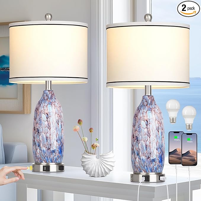 Coastal Lamps with USB A+C Ports & LED Night Light, Unique Seashells Glass Table Lamps with Natural Fabric Shade, Modern Touch Control Beach Bedside Lamp for Living Room Bedroom Nightstand Navy Blue - Bloomnest