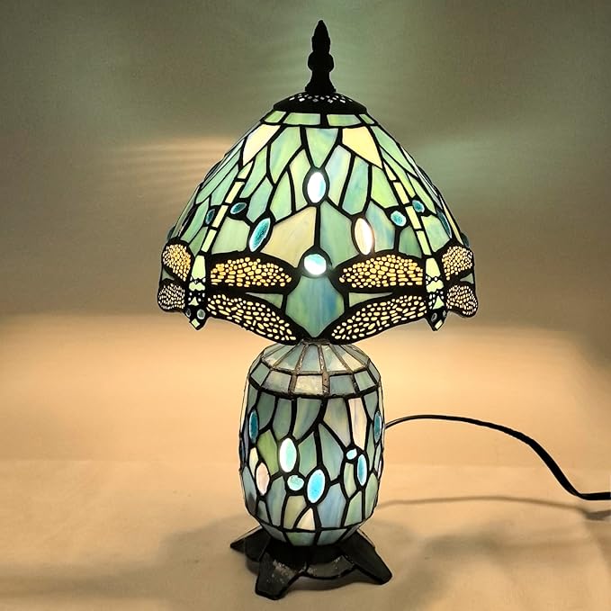 Small Tiffany Lamp Stained Glass Table Lamp Mini Mother Daughter Vase Desk Accent Light for Bedroom Bedside Reading Home Antique Style Decor 8X14 Inches (Sea Blue Dragonfly) - Bloomnest